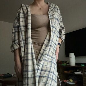 Lumiere Plaid Button Down Shirt Dress in Cream and Blue